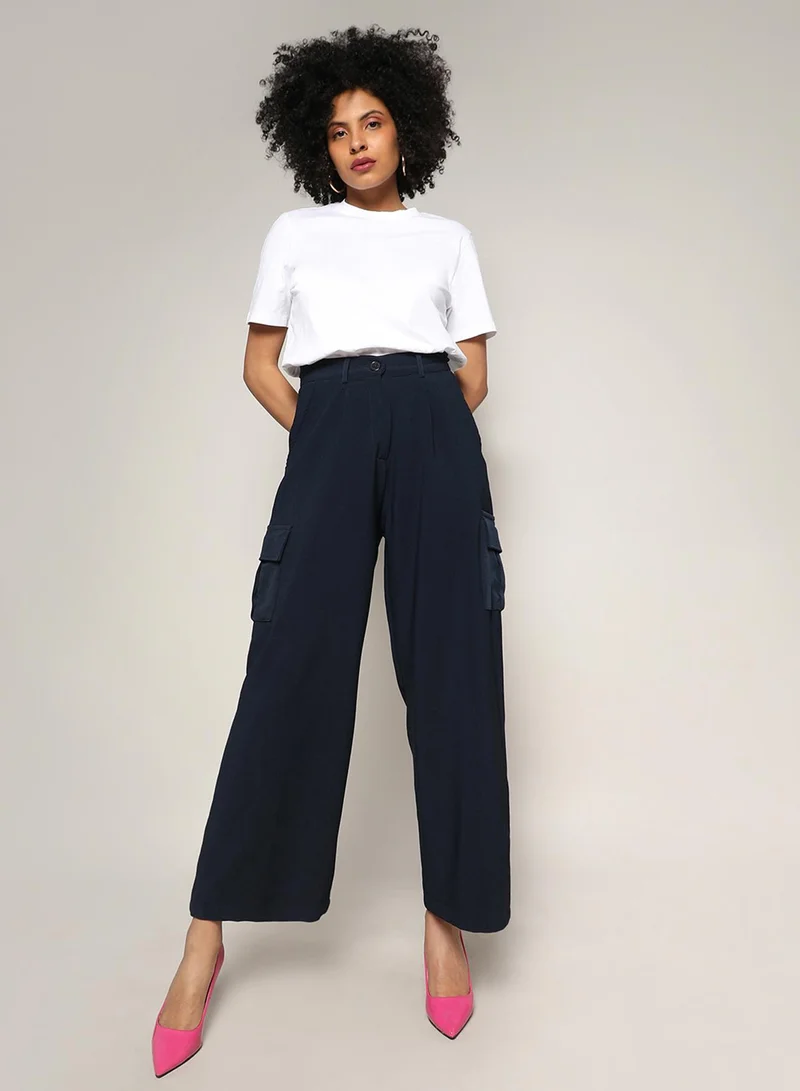 Pinacolada  Women's Navy Blue Baggy Cargo Pants For Casual Wear | Mid-Rise | 4 Pockets | Button Closure | Cargo Pants Crafted With Comfort Fit For Everyday Wear for Women | Best Price UAE
